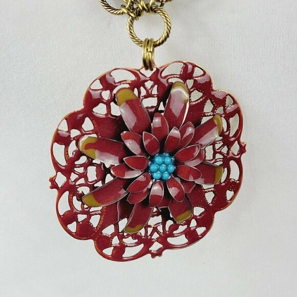 Bohemian Gypsy Style Necklace Double Strand Gold Tone Large Enamel Flower Focal - Picture 3 of 11